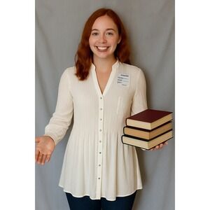 Hayley Matthews White Pleated Tunic Blouse‎ Rhinestone Buttons Long Sleeve M